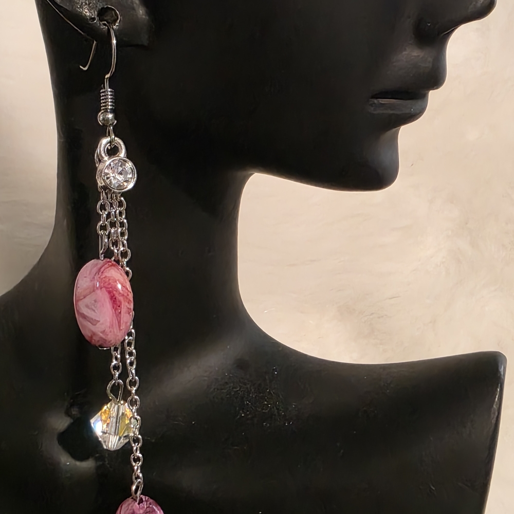 Pink Agate Crystal Dangle Earrings